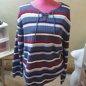 Blue Red Stripe Lace Up Sweater